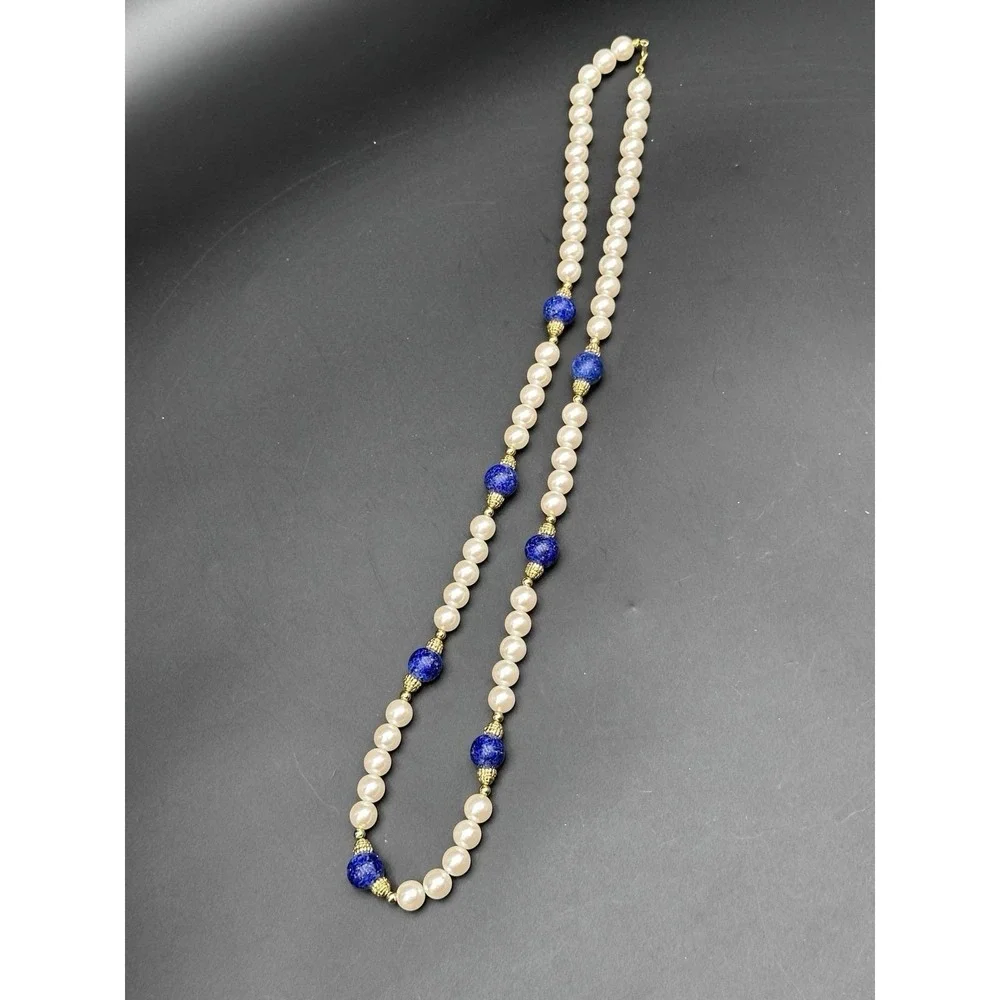 Lapis‎ Lazuli and pearl long beaded yellow gold plated vintage elegant necklace